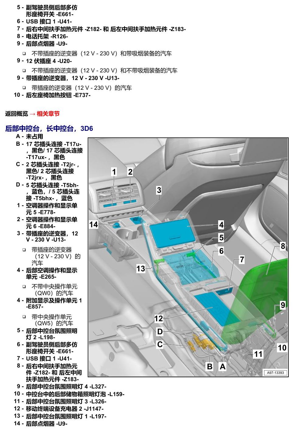 奥迪A8 D5 安装位置 汽车中部 电路图