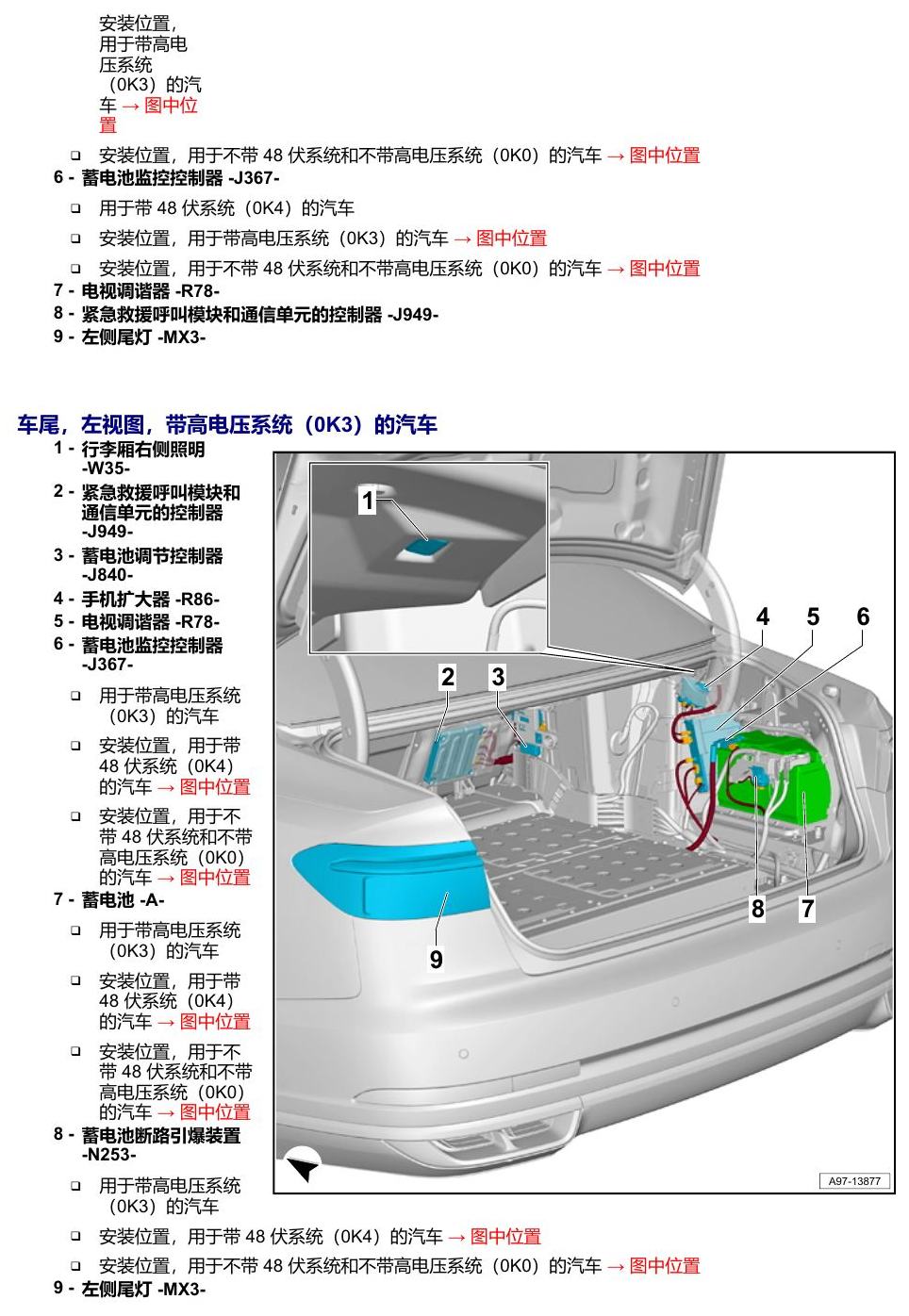 奥迪A8 D5 安装位置 汽车后部 电路图