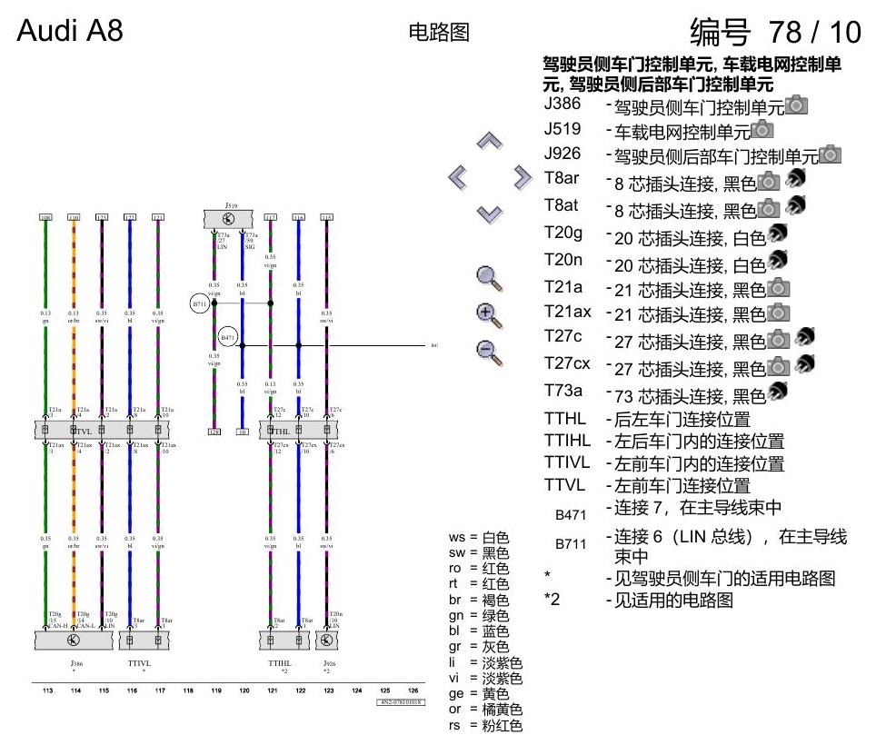奥迪A8 D5 电路图 副驾驶员车门 , (L0L) 电路图