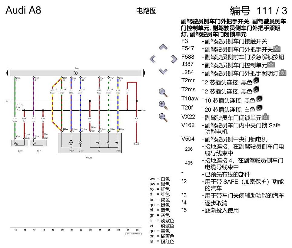 奥迪A8 D5 电路图 副驾驶员车门 , (L0R) 电路图