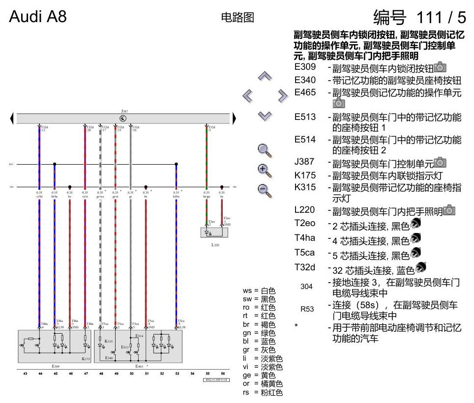 奥迪A8 D5 电路图 副驾驶员车门 , (L0R) 电路图