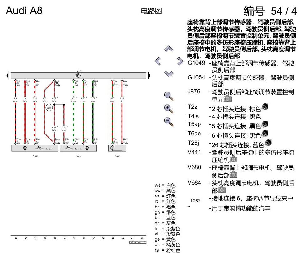 奥迪A8 D5 电路图 后座椅调节功能 , (3NL) 电路图