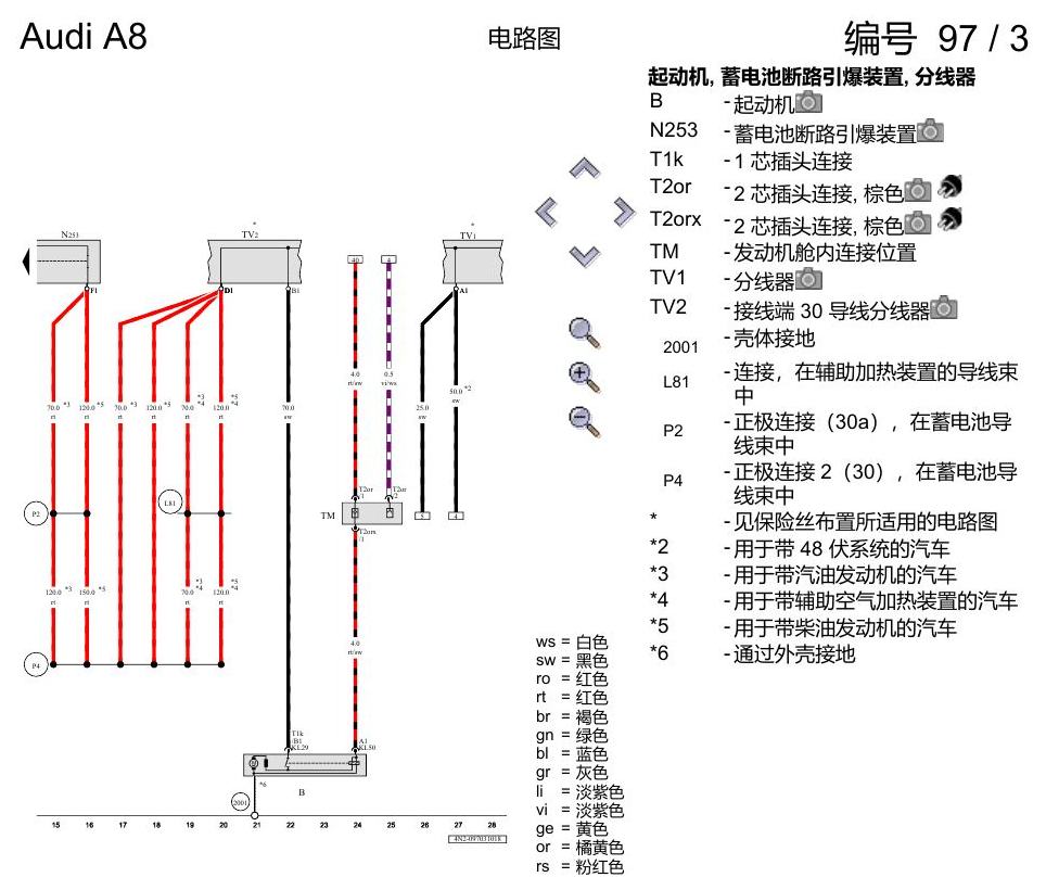奥迪A8 D5 电路图 蓄电池、起动机和交流发电机 , (0K4),(1VJ) 电路图