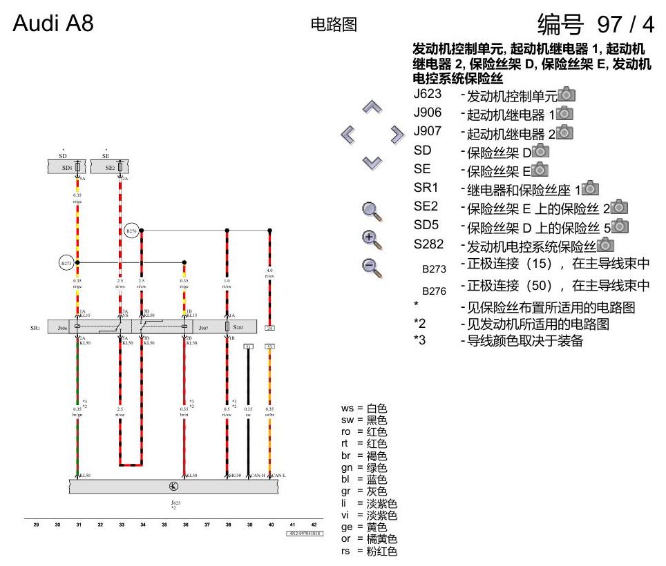 奥迪A8 D5 电路图 蓄电池、起动机和交流发电机 , (0K4),(1VJ) 电路图