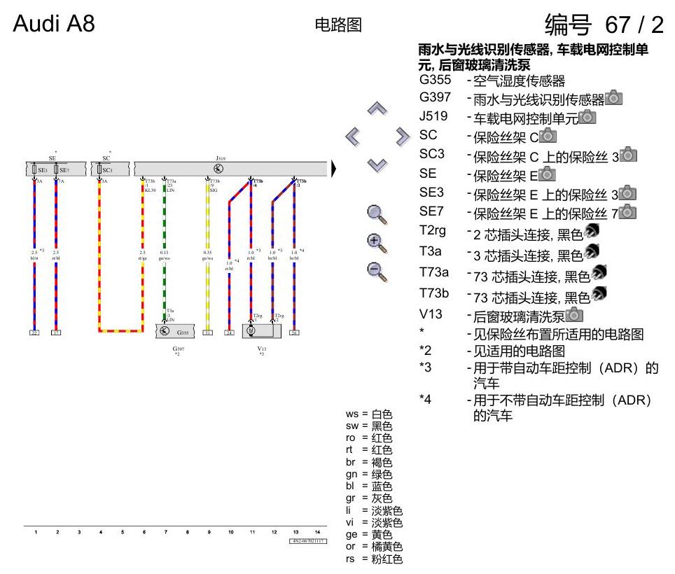 奥迪A8 D5 电路图 车窗玻璃刮水和清洗装置、可加热式喷嘴、大灯清洗装置 , (9PA) 电路图