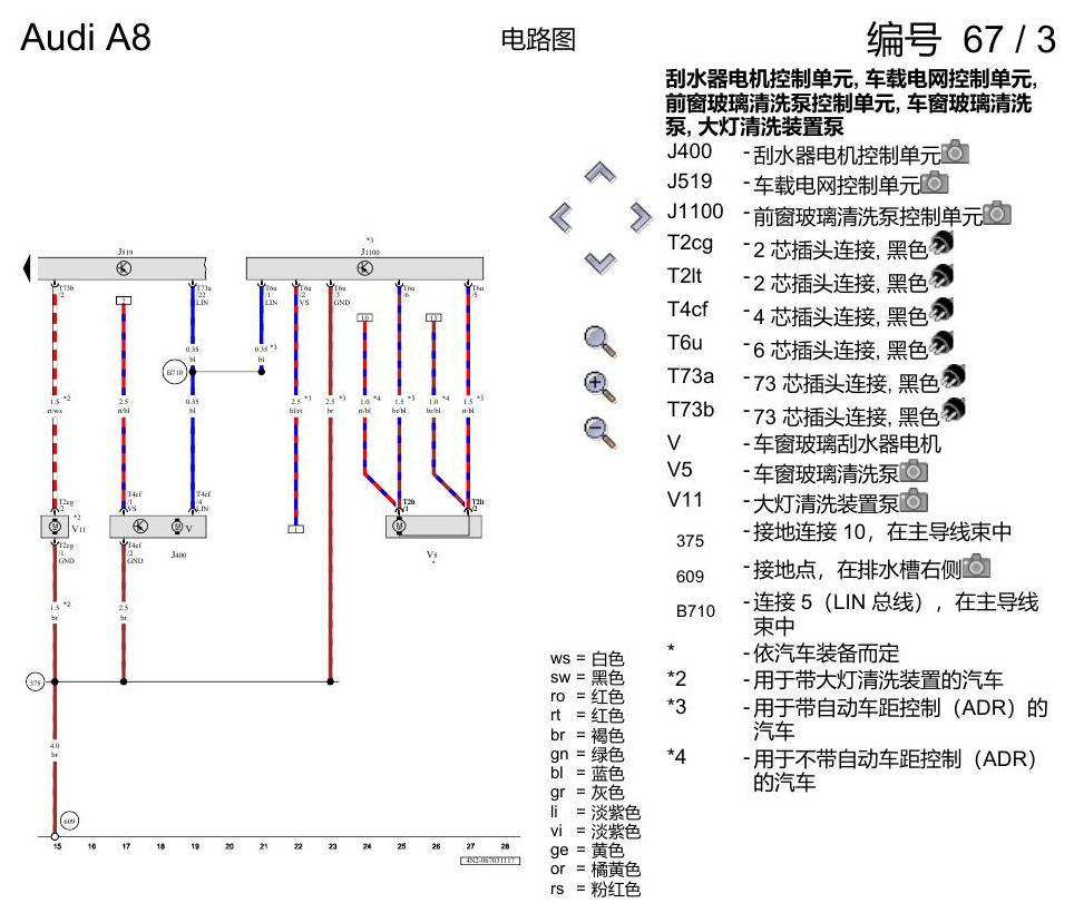 奥迪A8 D5 电路图 车窗玻璃刮水和清洗装置、可加热式喷嘴、大灯清洗装置 , (9PA) 电路图