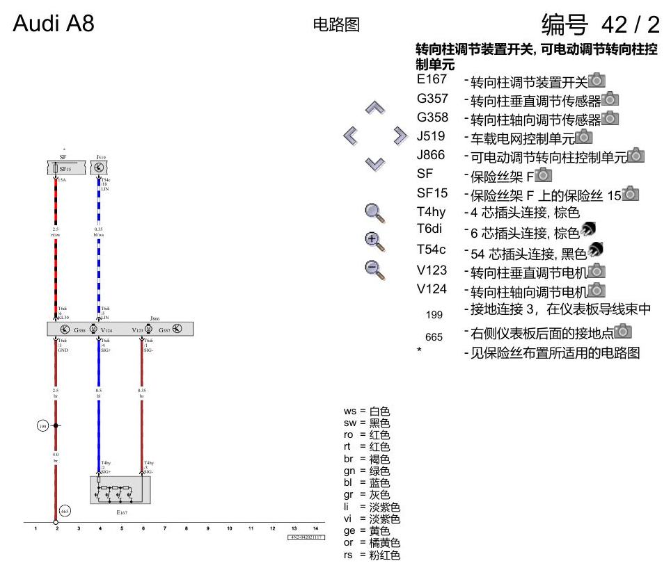 奥迪A8 D5 电路图 转向柱调整装置 电路图