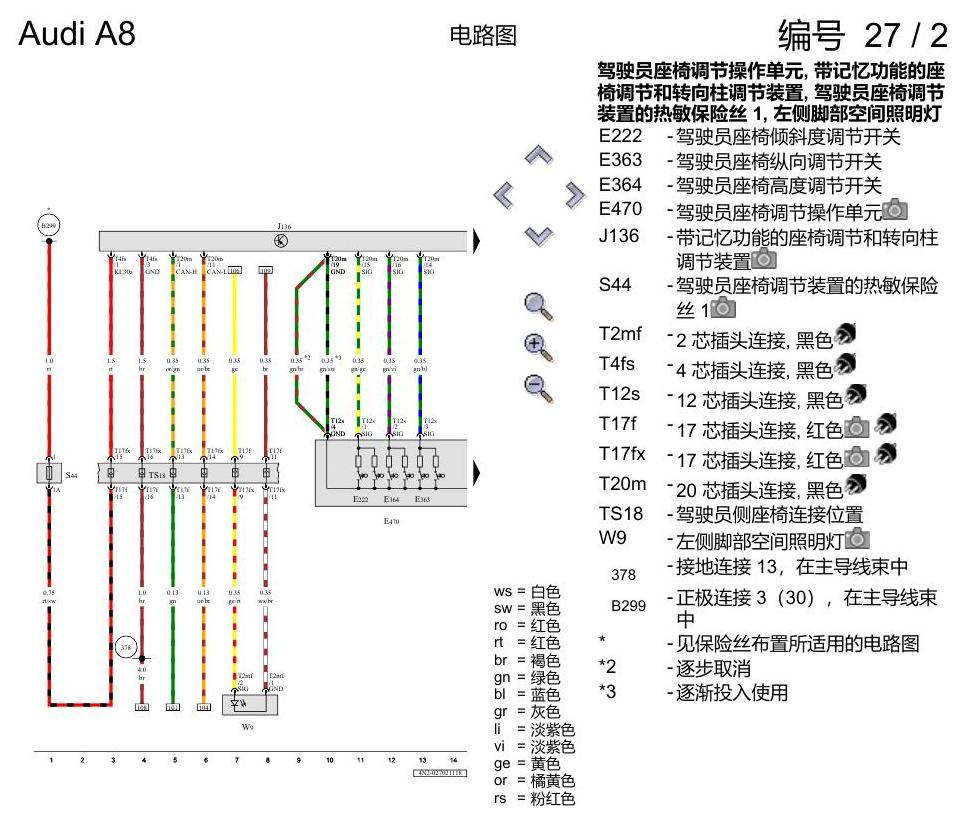 奥迪A8 D5 电路图 驾驶员和副驾驶员座椅调整功能 , (Q1A),(3PN) 电路图