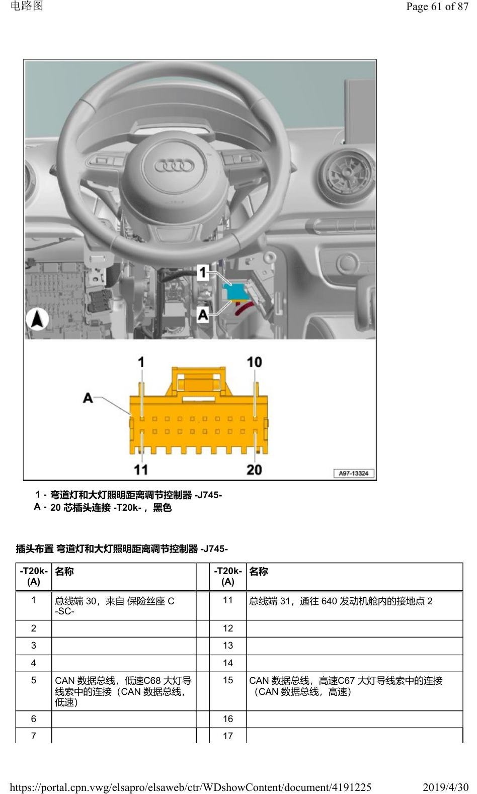 奥迪Q2L 安装位置:车辆中部的控制器 电路图