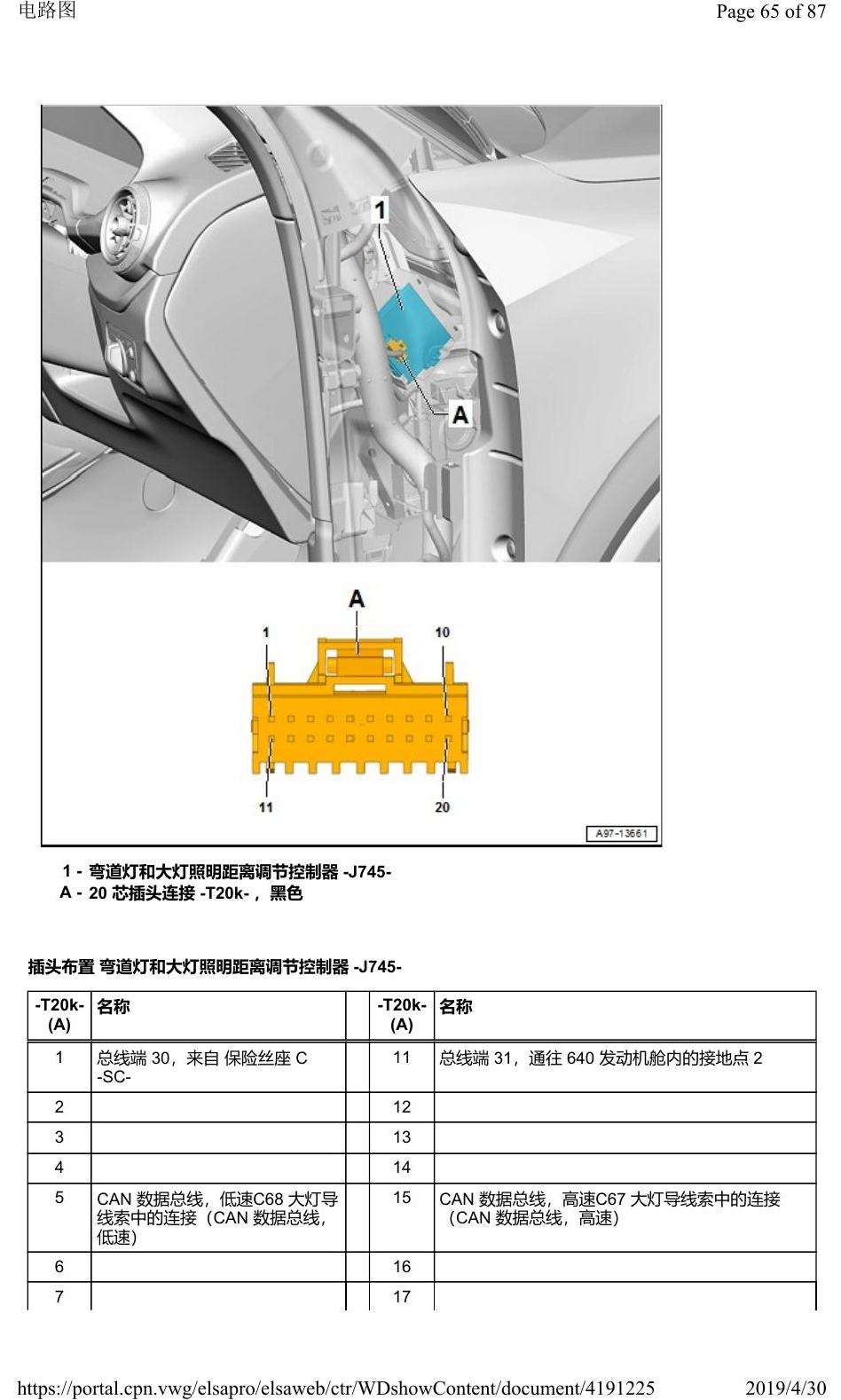奥迪Q2L 安装位置:车辆中部的控制器 电路图