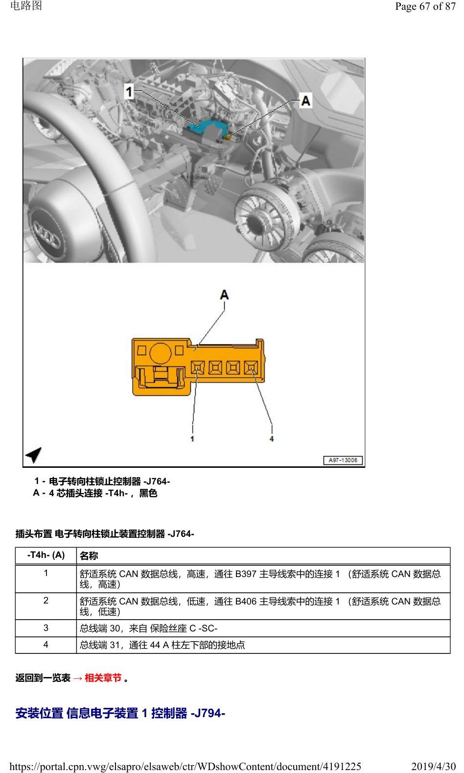 奥迪Q2L 安装位置:车辆中部的控制器 电路图