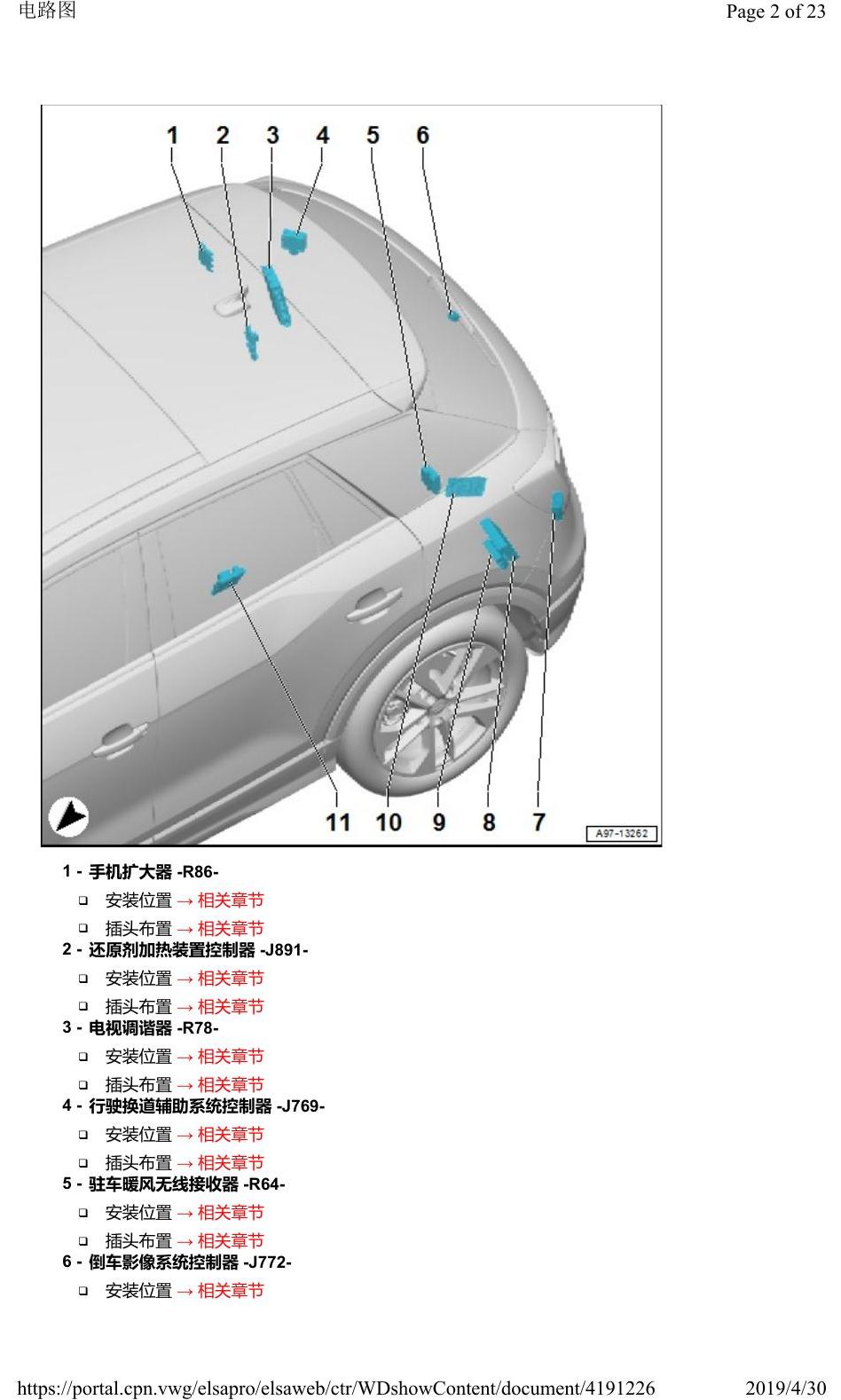 奥迪Q2L 安装位置:车辆后部的控制器 电路图