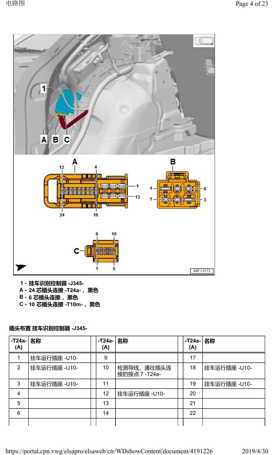 奥迪Q2L 安装位置:车辆后部的控制器 电路图