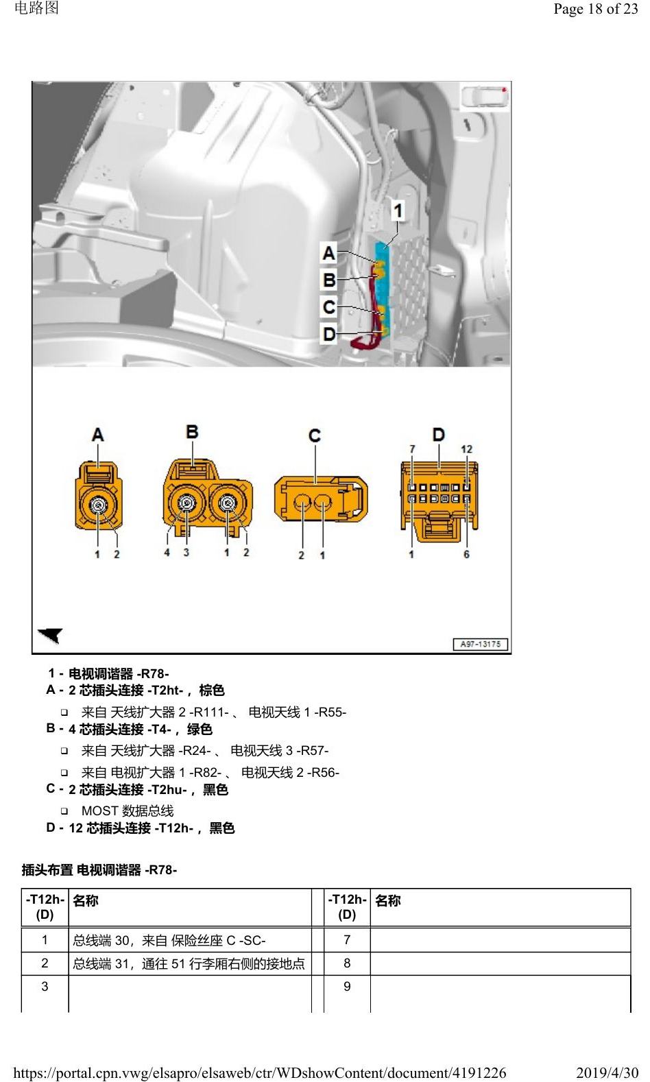 奥迪Q2L 安装位置:车辆后部的控制器 电路图