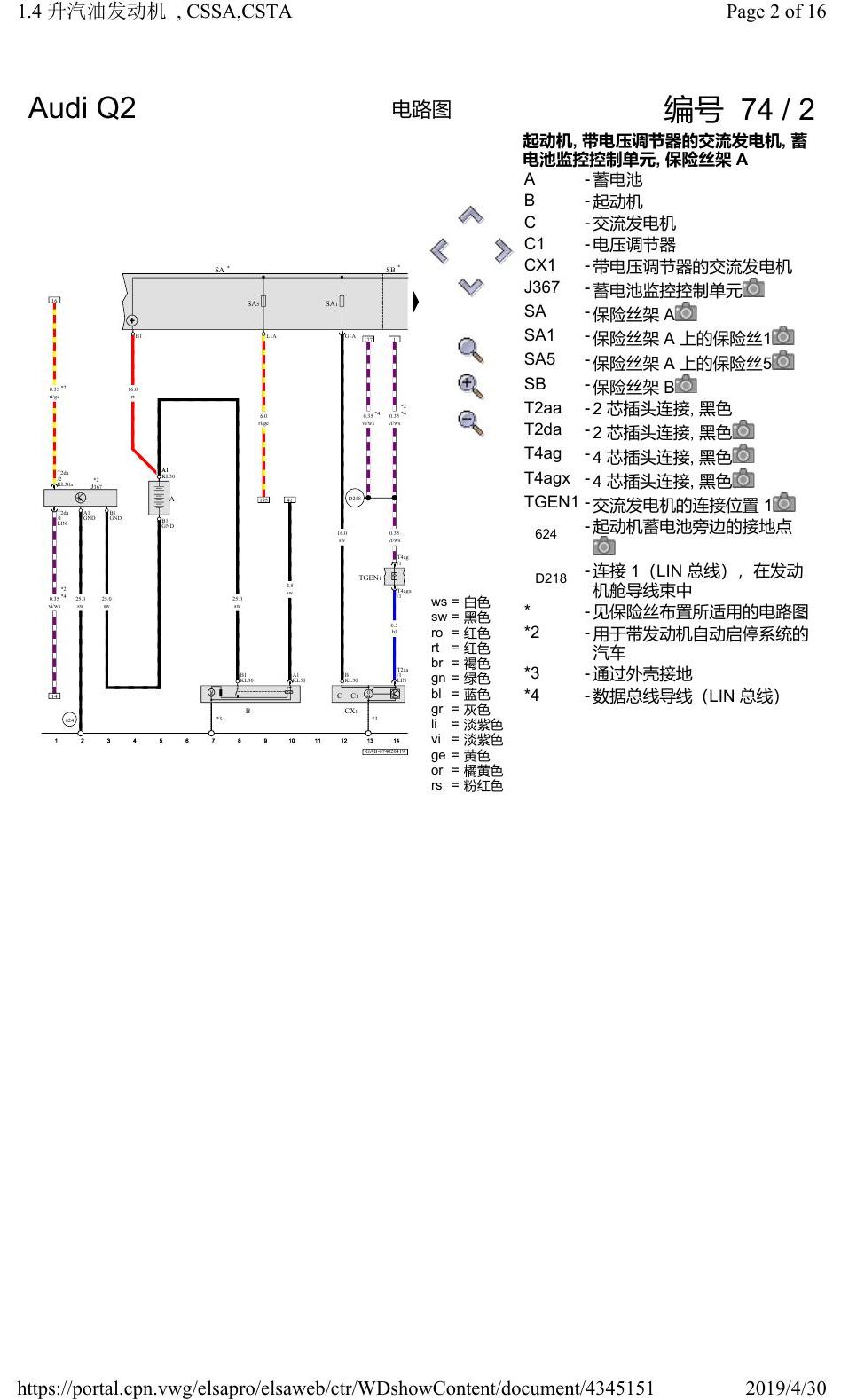 奥迪Q2L 电路图 1.4 升汽油发动机, CSSA, 自 2018 年 8 月起 电路图