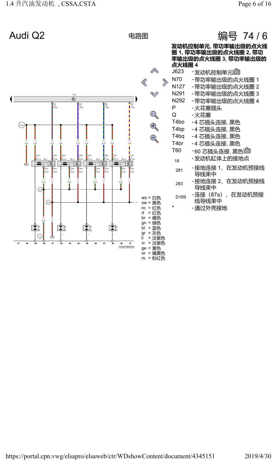 奥迪Q2L 电路图 1.4 升汽油发动机, CSSA, 自 2018 年 8 月起 电路图