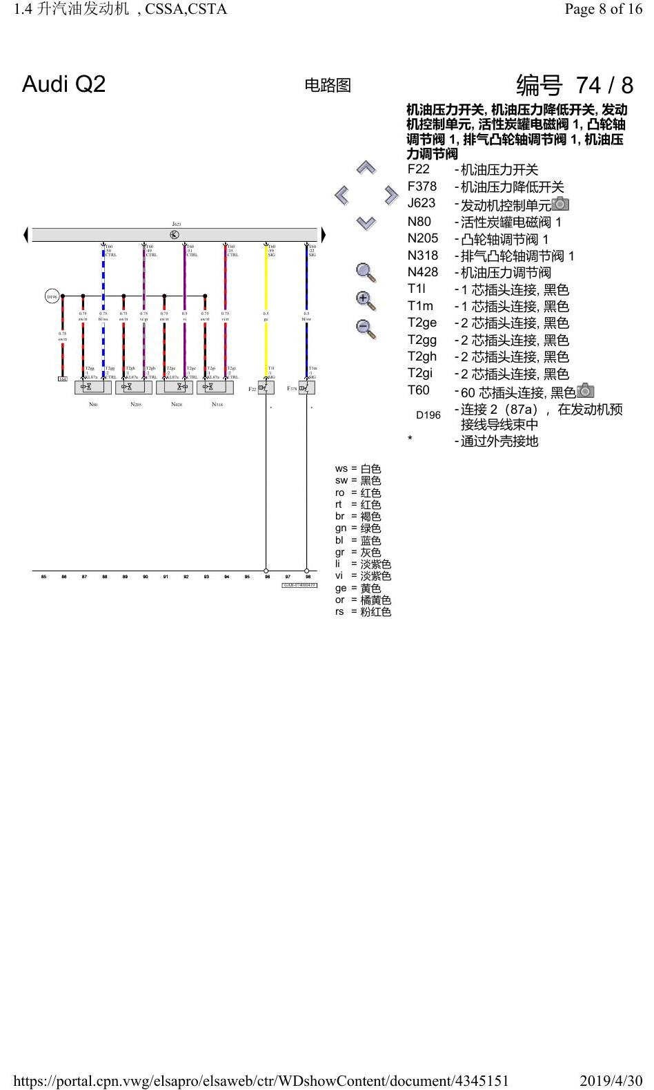 奥迪Q2L 电路图 1.4 升汽油发动机, CSSA, 自 2018 年 8 月起 电路图