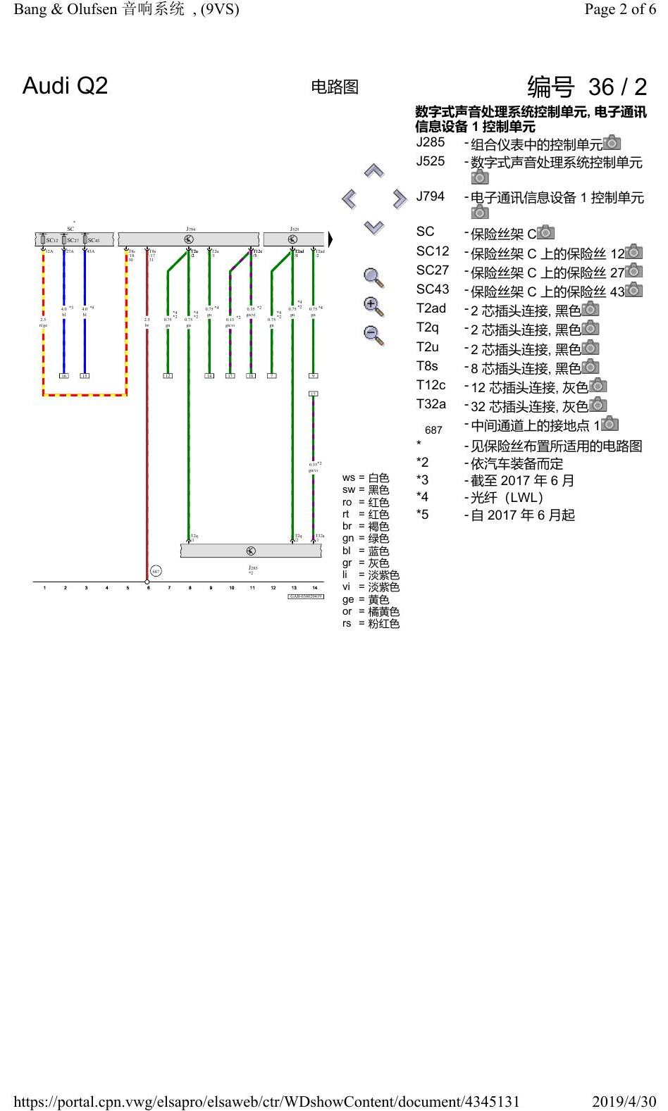 奥迪Q2L 电路图 Bang & Olufsen 音响系统, (9VS), 自 2016 年 6 月起 电路图