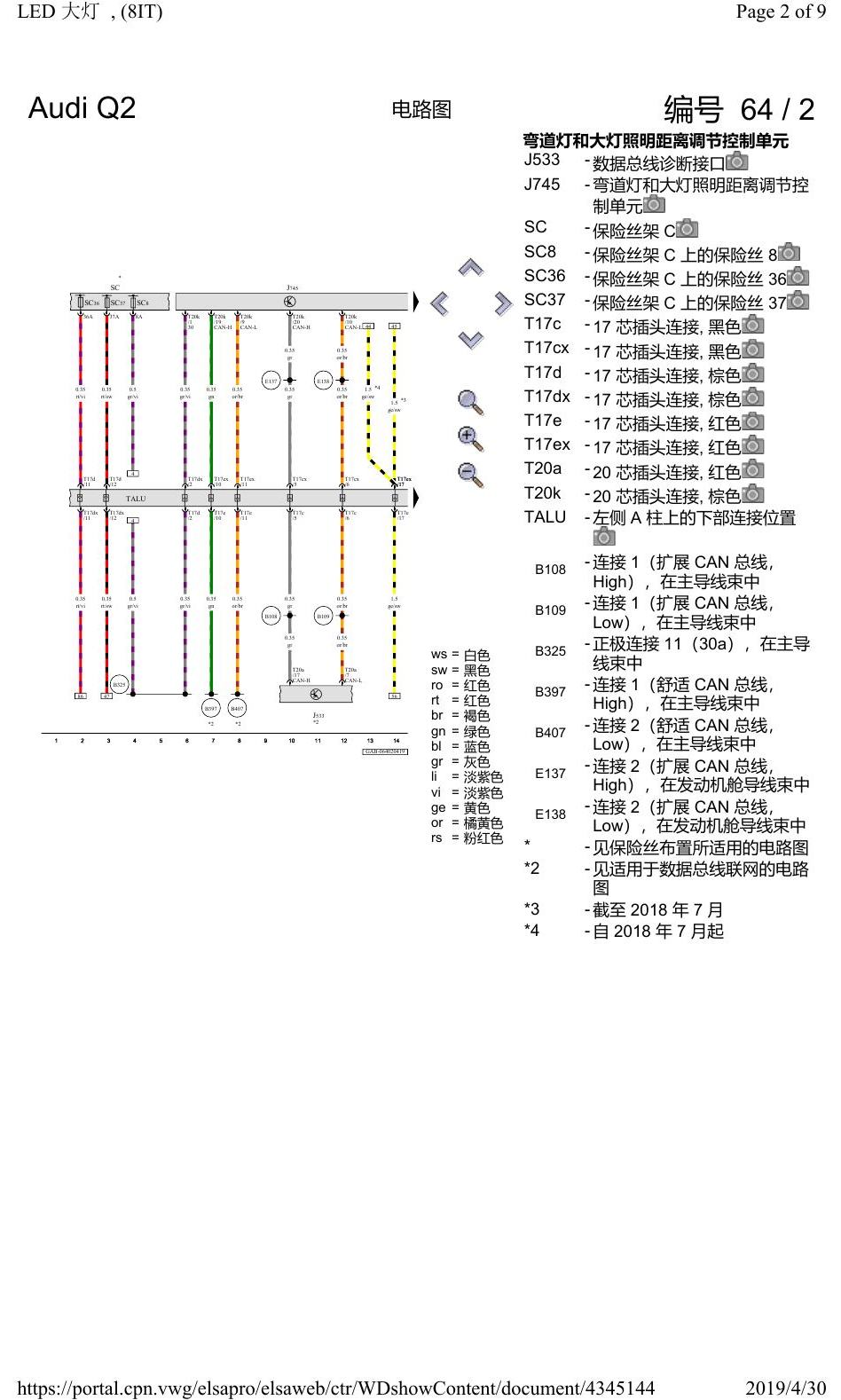 奥迪Q2L 电路图 LED 大灯, (8IT), 自 2017 年 11 月起 电路图
