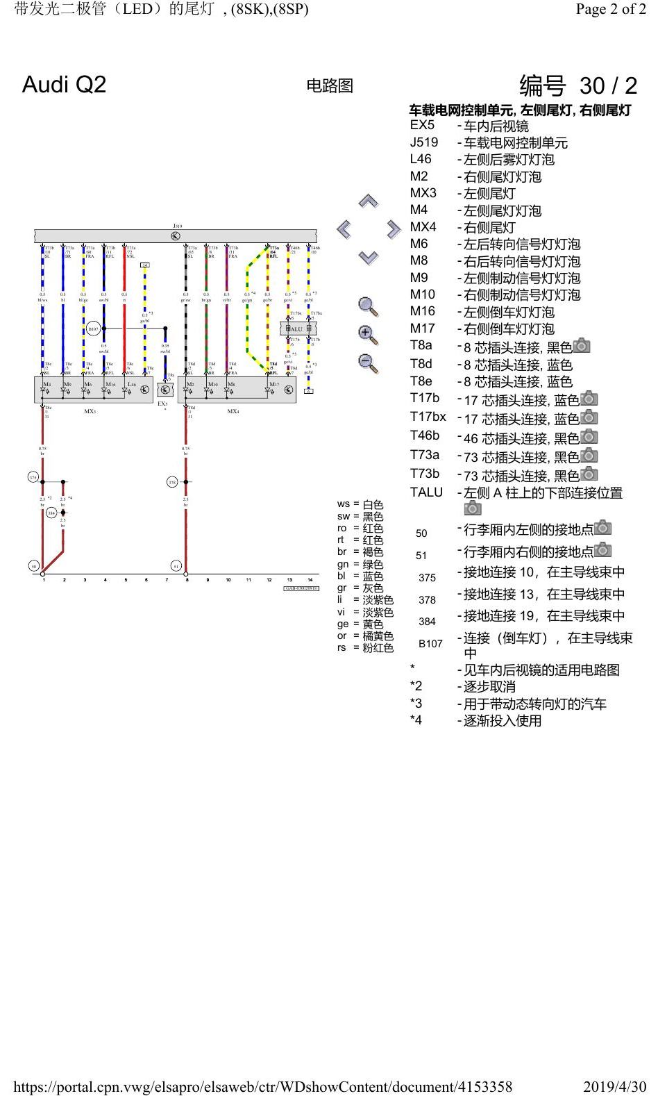 奥迪Q2L 电路图 带发光二极管(LED)的尾灯, (8SK),(8SP), 自 2016 年 6 月起 电路图