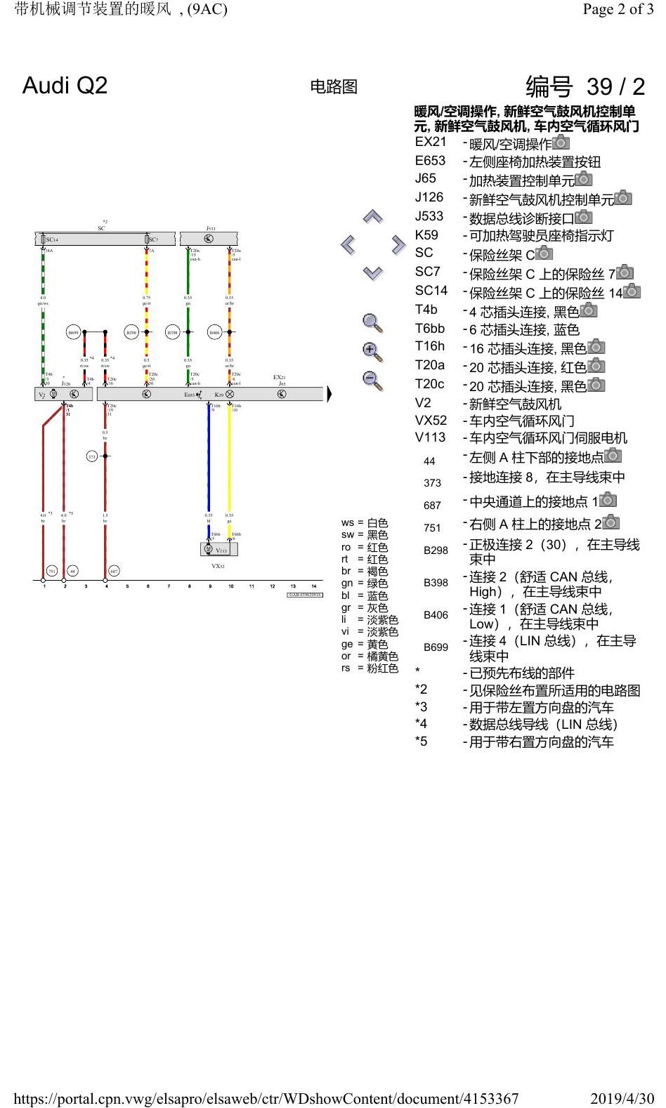 奥迪Q2L 电路图 带机械调节装置的暖风, (9AC), 自 2016 年 6 月起 电路图