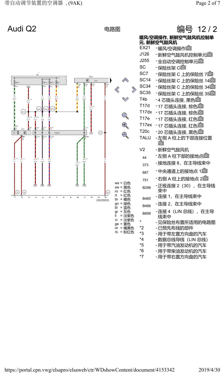 奥迪Q2L 电路图 带自动调节装置的空调器, (9AK), 自 2016 年 6 月起 电路图