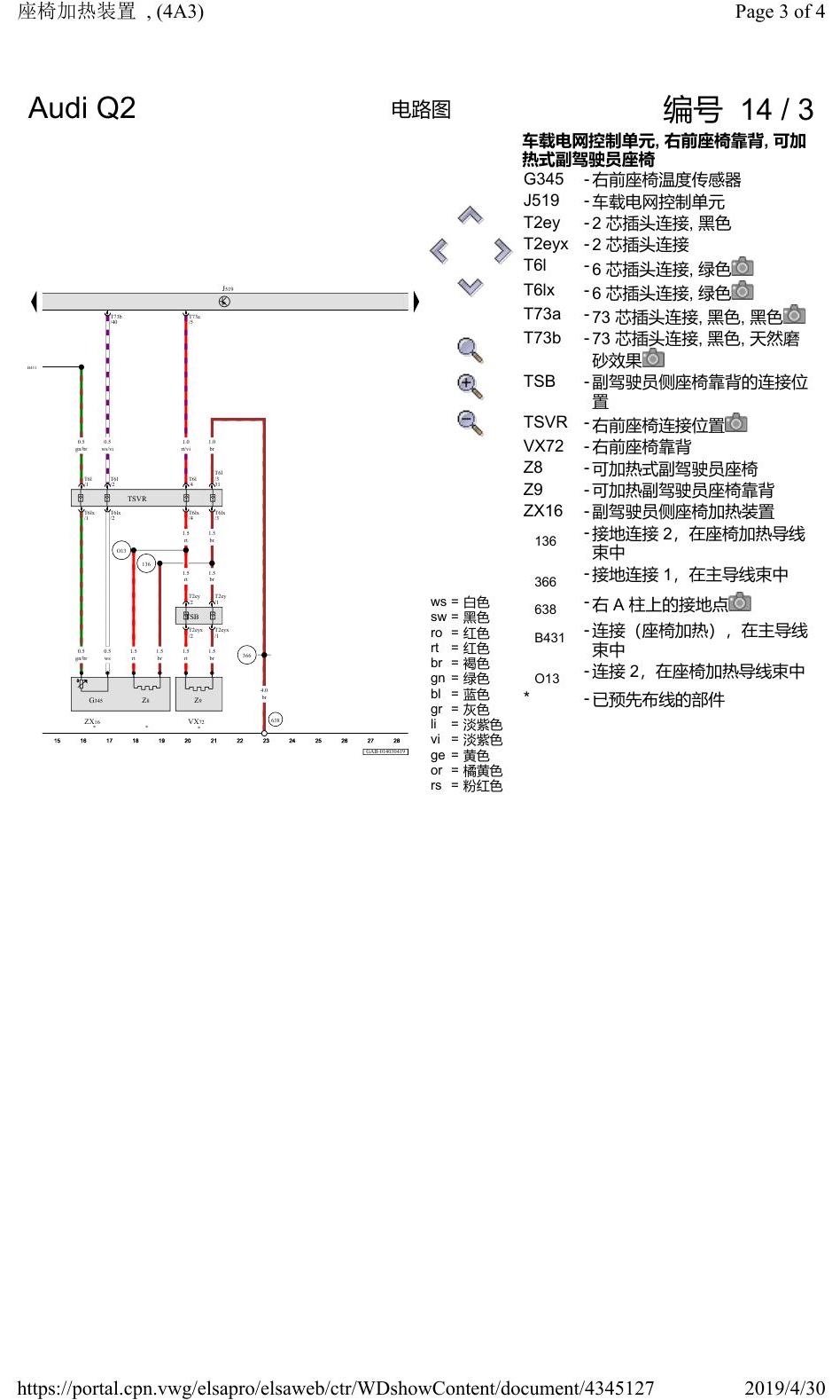 奥迪Q2L 电路图 座椅加热装置, (4A3), 自 2016 年 6 月起 电路图