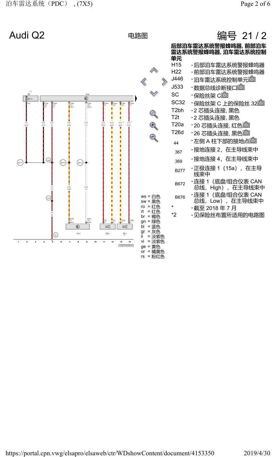 奥迪Q2L 电路图 泊车雷达系统(PDC), (7X5), 自 2016 年 6 月起 电路图