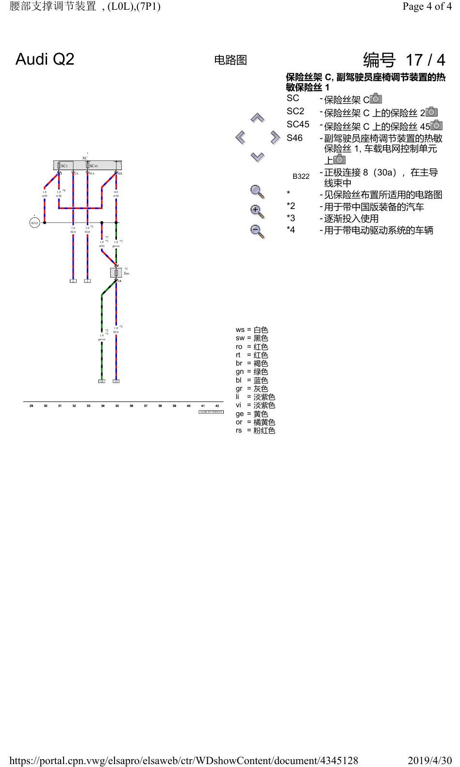 奥迪Q2L 电路图 腰部支撑调节装置, (L0L),(7P1), 自 2016 年 6 月起 电路图