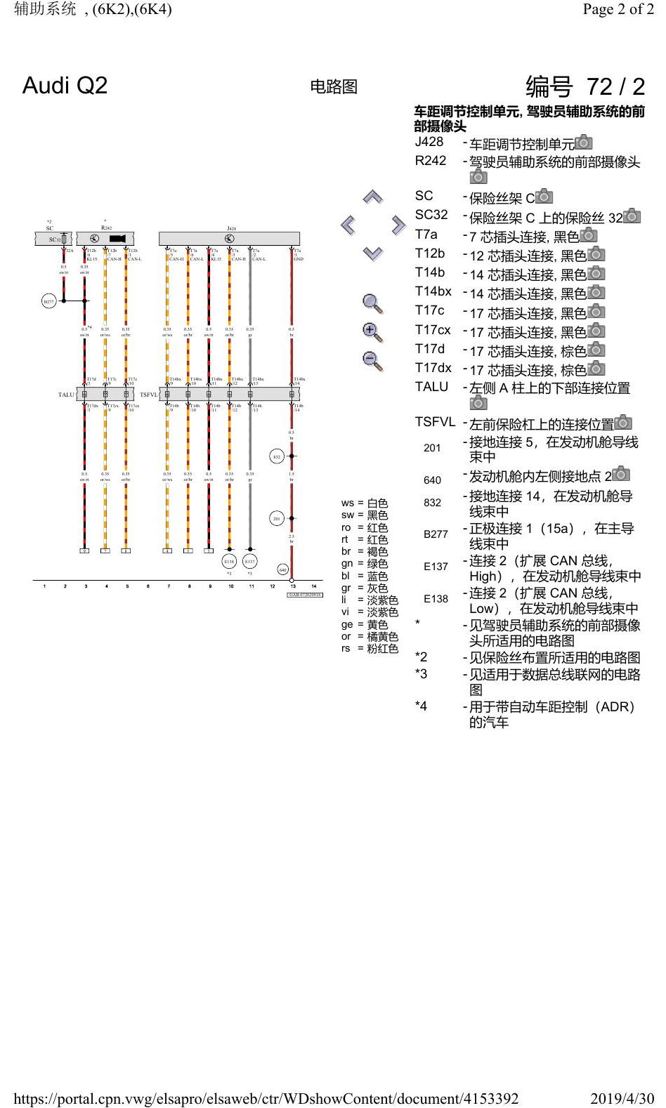 奥迪Q2L 电路图 辅助系统, (6K2),(6K4), 自 2016 年 6 月起 电路图