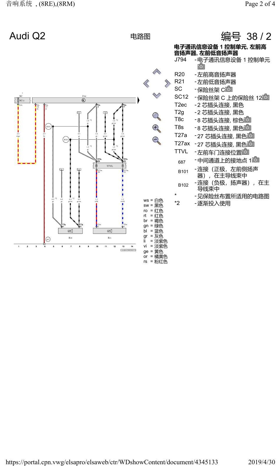奥迪Q2L 电路图 音响系统, (8RE),(8RM), 自 2016 年 6 月起 电路图