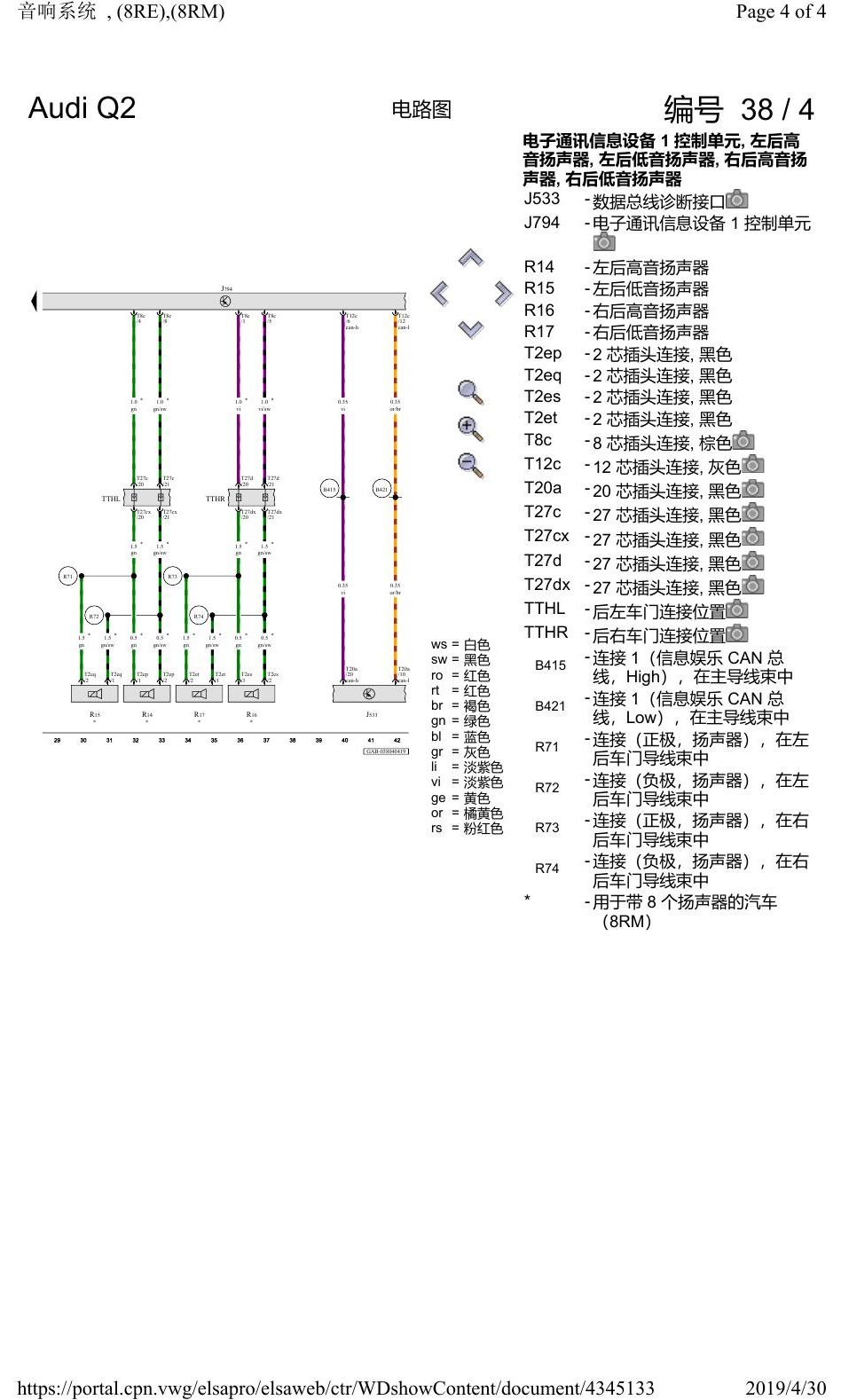 奥迪Q2L 电路图 音响系统, (8RE),(8RM), 自 2016 年 6 月起 电路图