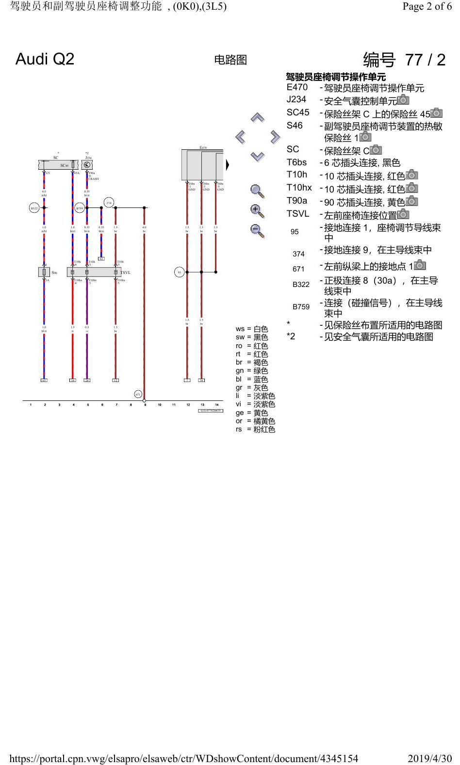 奥迪Q2L 电路图 驾驶员和副驾驶员座椅调整功能, (0K0),(3L5), 自 2018 年 8 月起 电路图