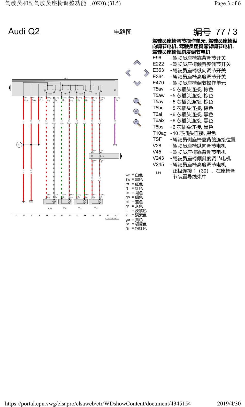 奥迪Q2L 电路图 驾驶员和副驾驶员座椅调整功能, (0K0),(3L5), 自 2018 年 8 月起 电路图