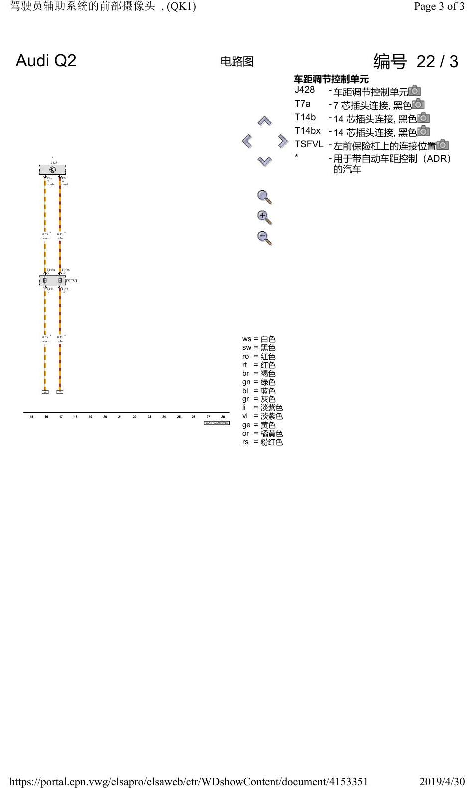 奥迪Q2L 电路图 驾驶员辅助系统的前部摄像头, (QK1), 自 2016 年 6 月起 电路图