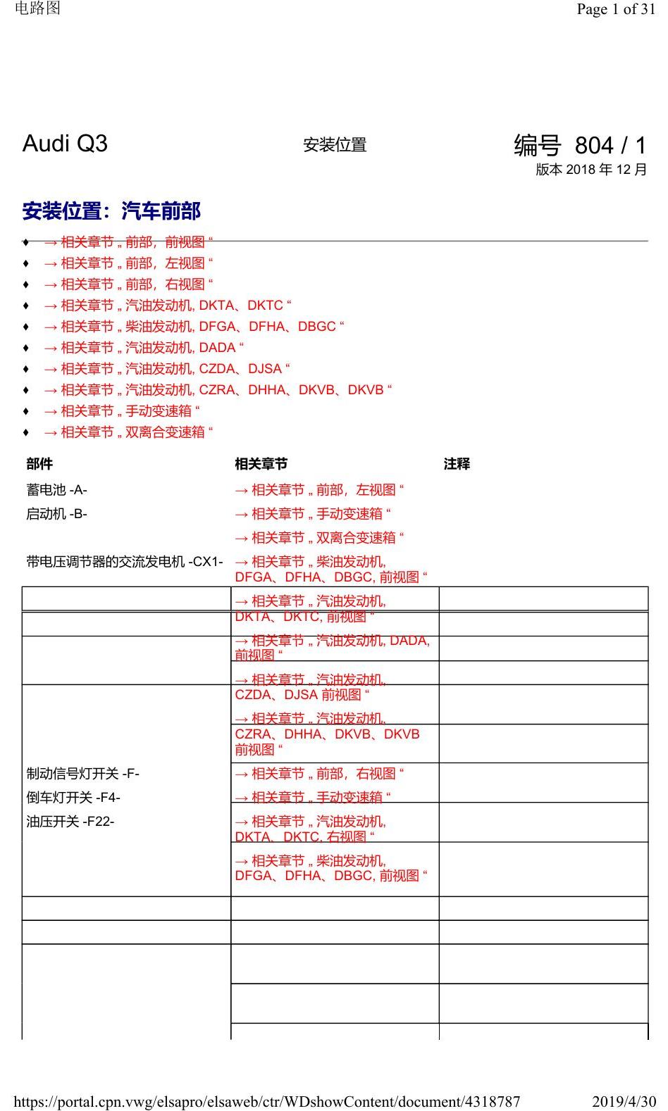 奥迪Q3L 安装位置:汽车前部 电路图