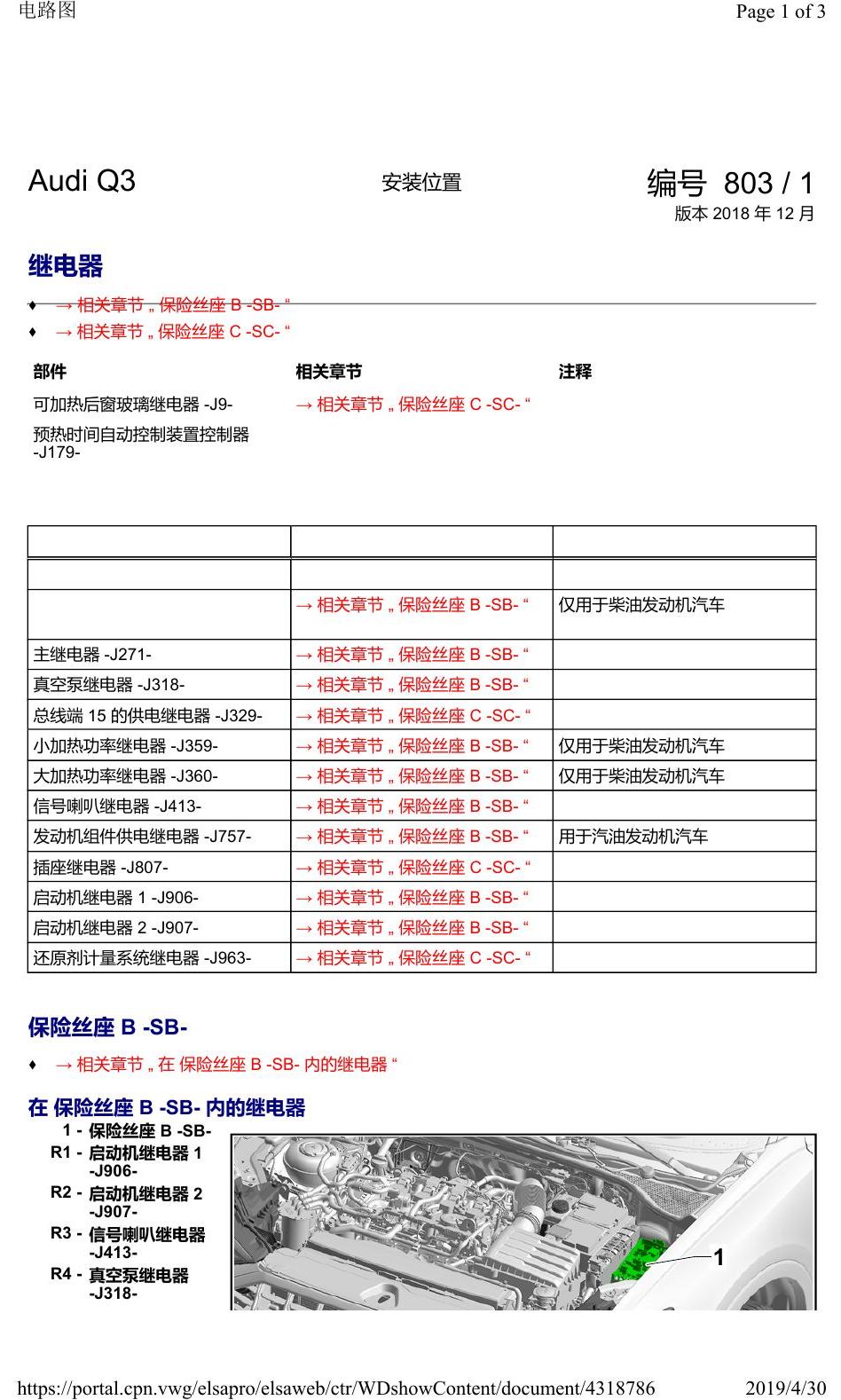 奥迪Q3L 安装位置:继电器 电路图