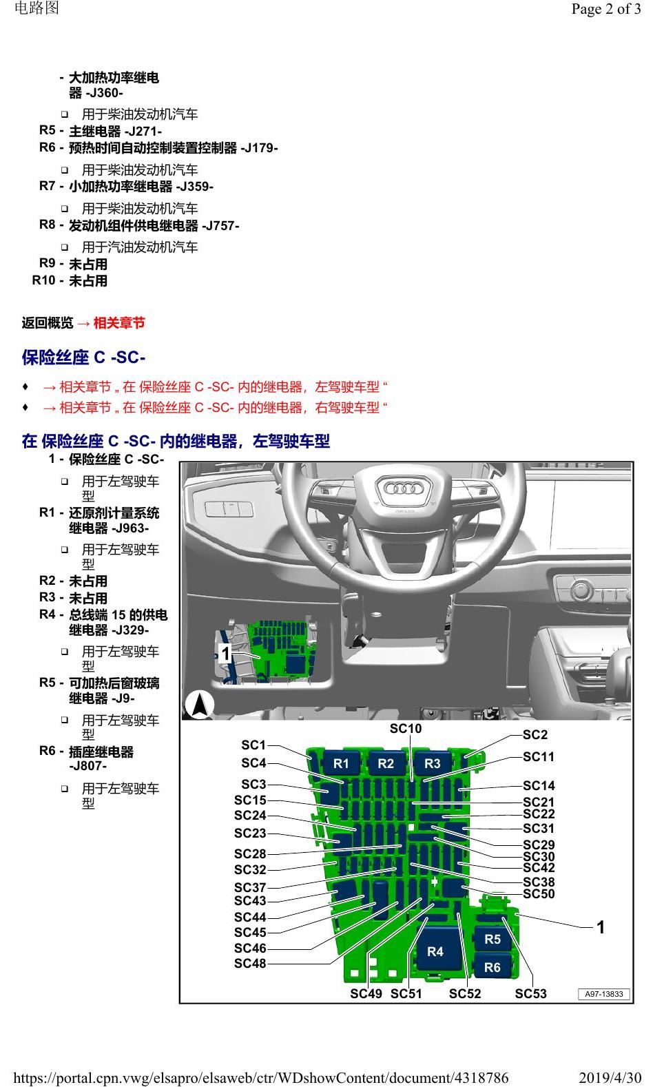 奥迪Q3L 安装位置:继电器 电路图