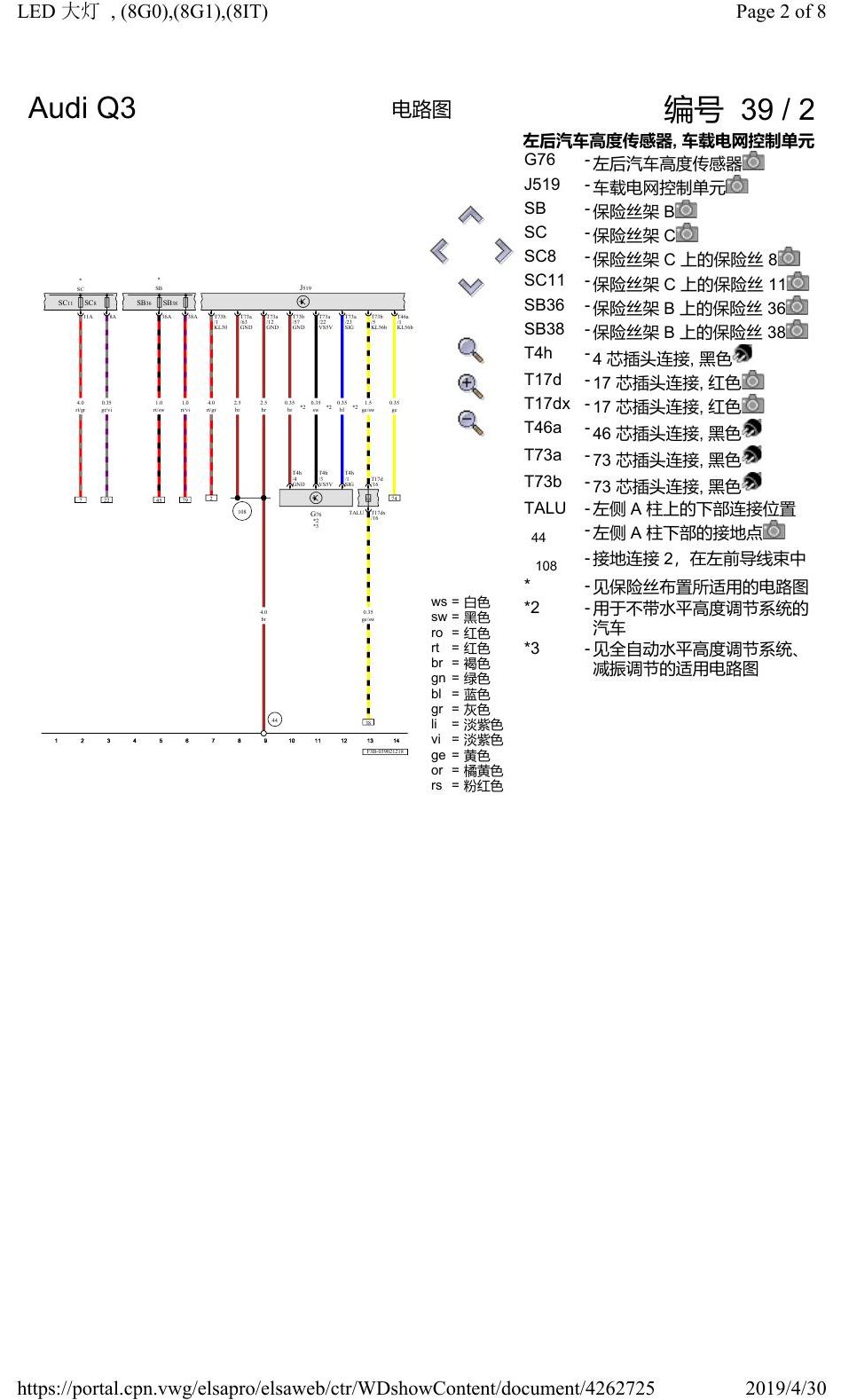 奥迪Q3L 电路图 LED 大灯, (8G0),(8G1),(8IT), 自 2018 年 6 月起 电路图