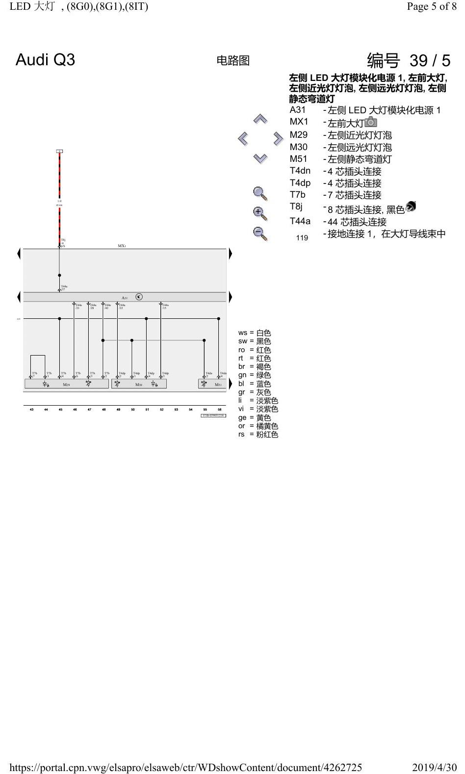 奥迪Q3L 电路图 LED 大灯, (8G0),(8G1),(8IT), 自 2018 年 6 月起 电路图