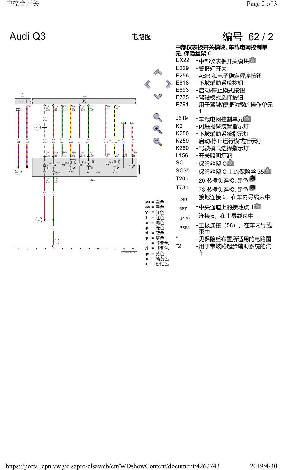 奥迪Q3L 电路图 中控台开关, 自 2018 年 6 月起 电路图