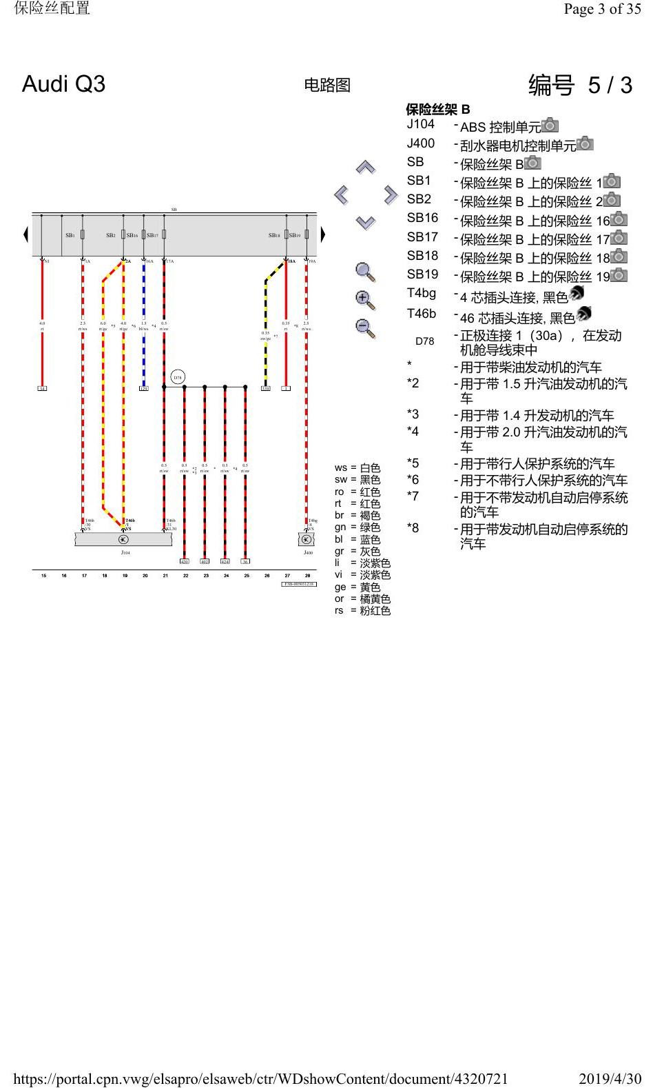 奥迪Q3L 电路图 保险丝配置, 自 2018 年 6 月起 电路图