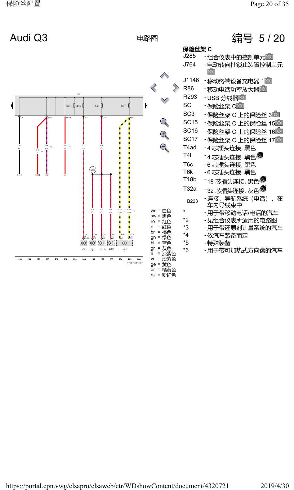 奥迪Q3L 电路图 保险丝配置, 自 2018 年 6 月起 电路图