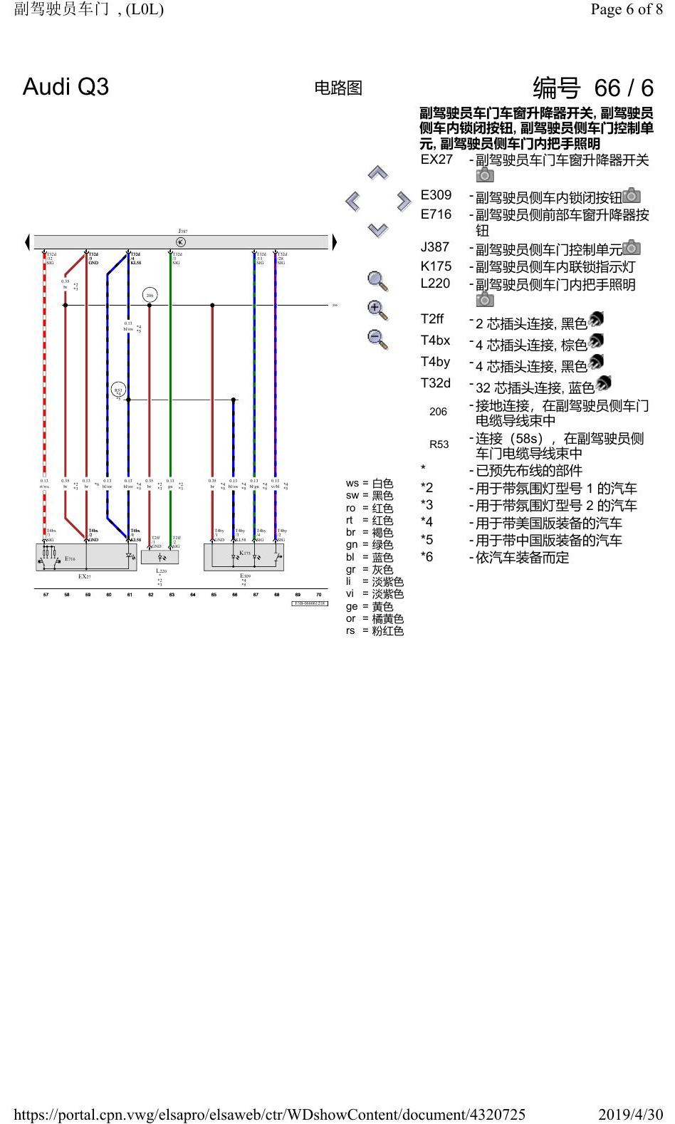 奥迪Q3L 电路图 副驾驶员车门, (L0L), 自 2018 年 6 月起 电路图