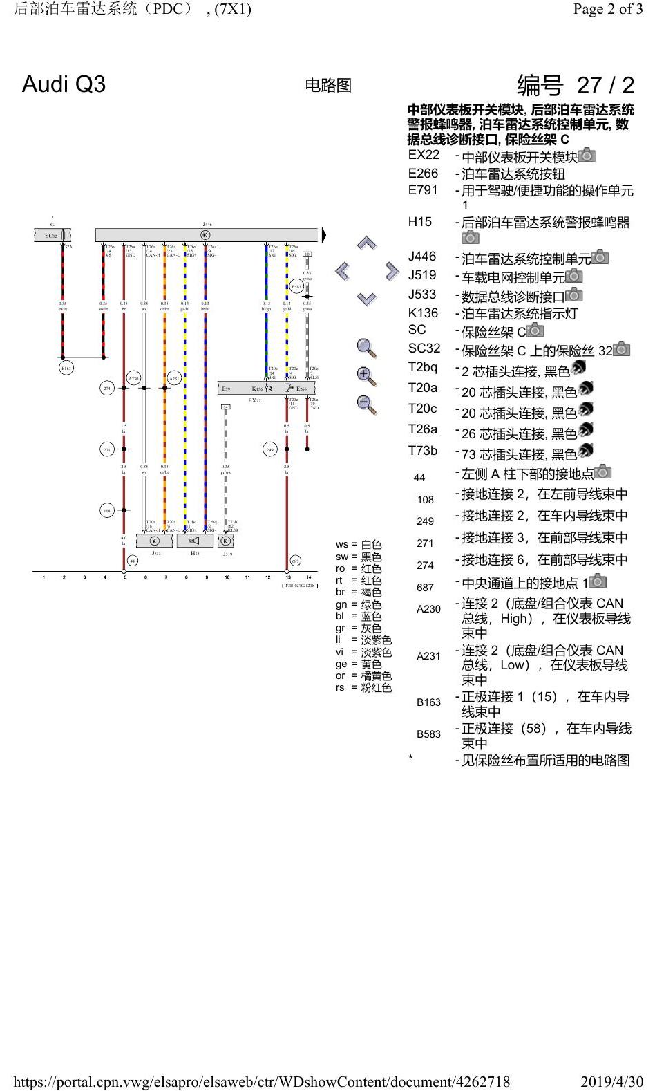 奥迪Q3L 电路图 后部泊车雷达系统(PDC), (7X1), 自 2018 年 6 月起 电路图