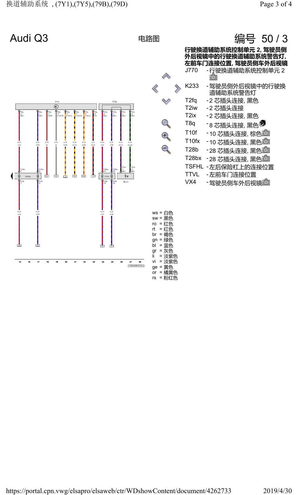 奥迪Q3L 电路图 换道辅助系统, (7Y1),(7Y5),(79B),(79D), 自 2018 年 6 月起 电路图
