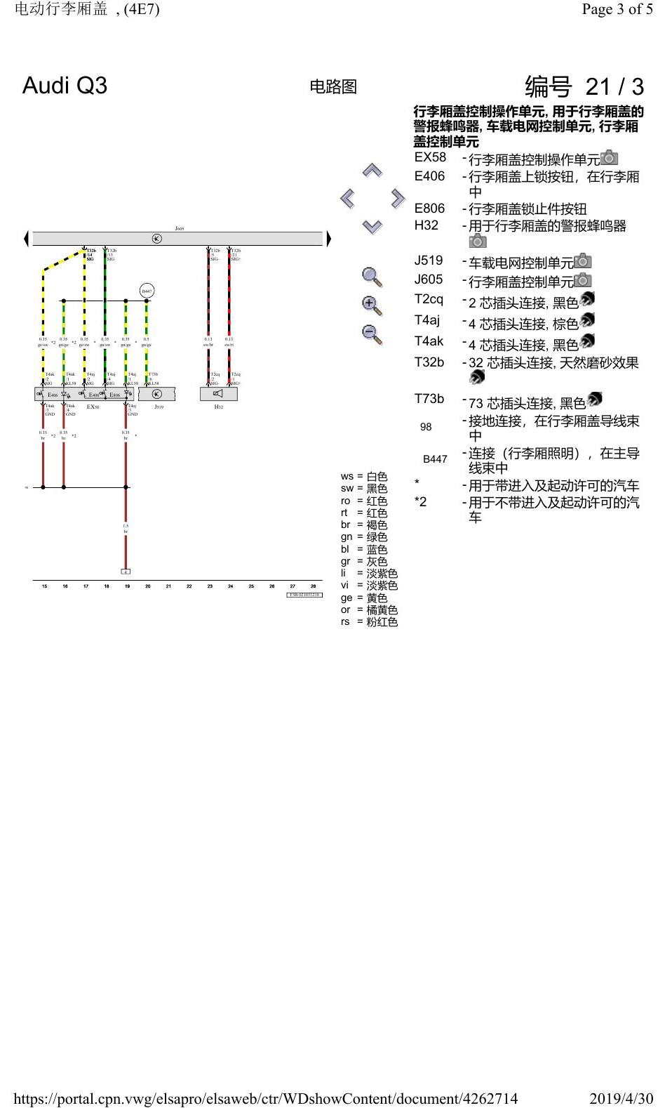 奥迪Q3L 电路图 电动行李厢盖, (4E7), 自 2018 年 6 月起 电路图