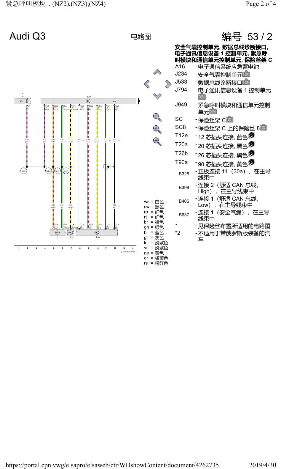 奥迪Q3L 电路图 紧急呼叫模块, (NZ2),(NZ3),(NZ4), 自 2018 年 6 月起 电路图