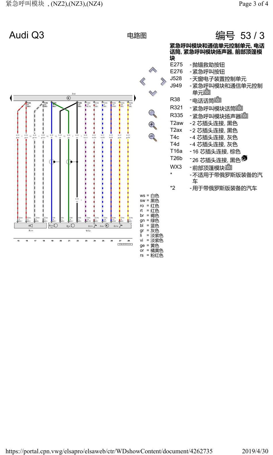 奥迪Q3L 电路图 紧急呼叫模块, (NZ2),(NZ3),(NZ4), 自 2018 年 6 月起 电路图