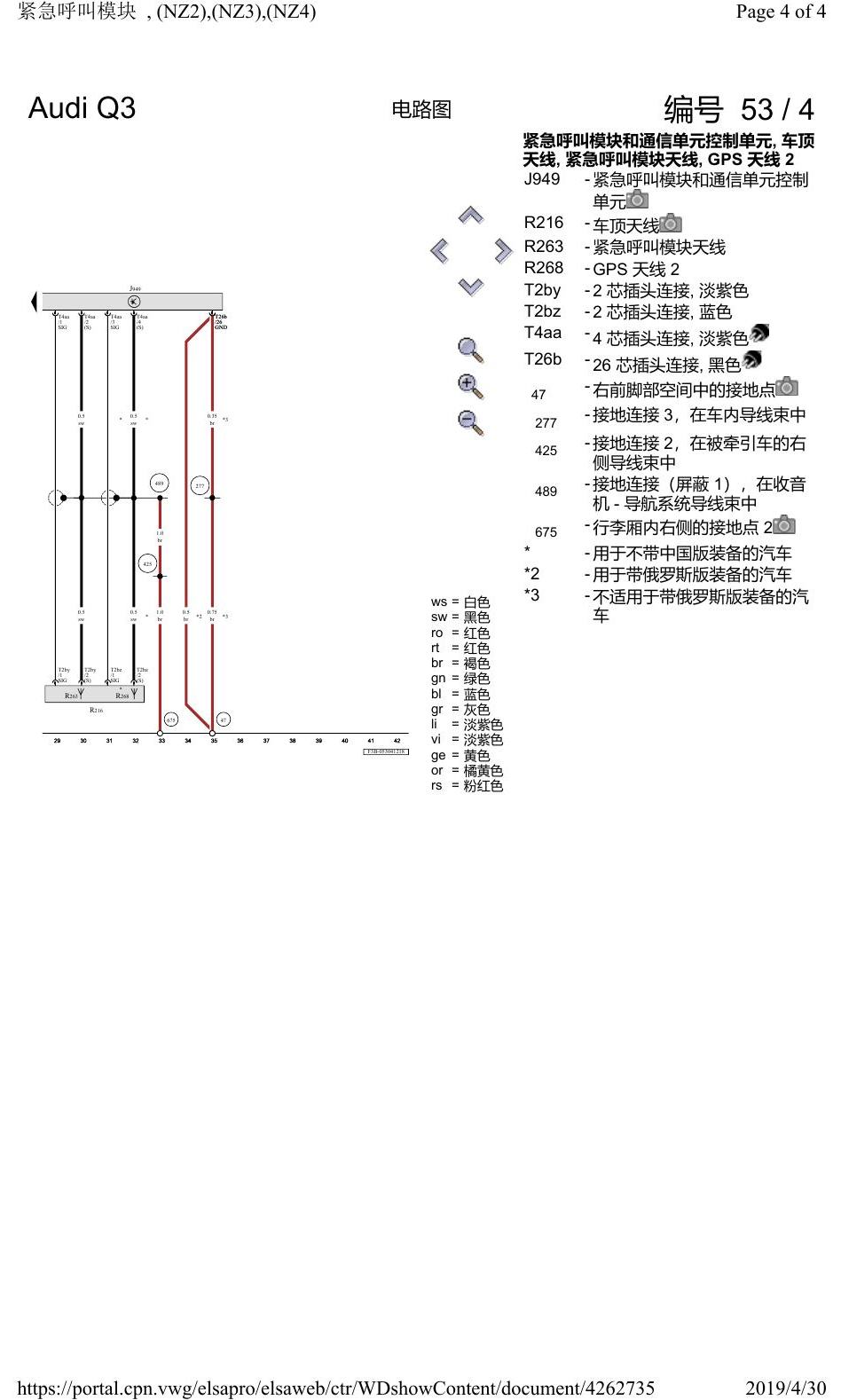 奥迪Q3L 电路图 紧急呼叫模块, (NZ2),(NZ3),(NZ4), 自 2018 年 6 月起 电路图